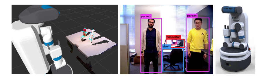(Left) Detection of candidate grasp poses for object pick-up. (Center) Results demonstrating object and person detection. (Right) FetchResearch platform used in qualification tasks.