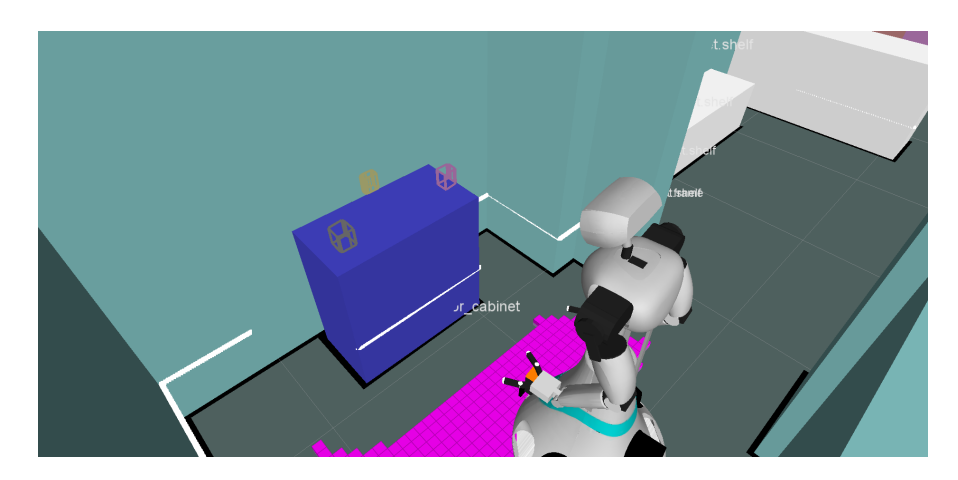 A view of the world model created with ED. The figure show the occupation grid as well as (unknown) objects recognized on top of the cabinet.