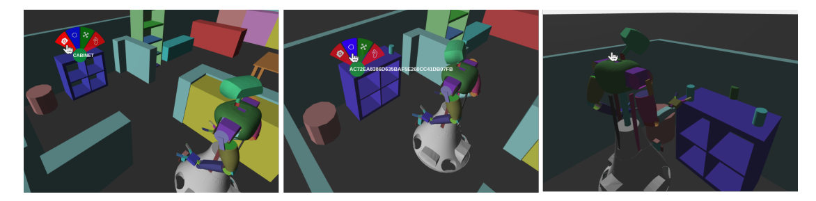 Illustration of the 3D scene of the WebGUI. Users can interact with use of the menu that appears when long pressing an object in the scene. On the left figure, the user commands the robot to inspect the selected object, which is the 'cabinet'. When the robot has inspected the 'cabinet', it has found entities on top of it. In the middle figure a grasp command is given to the robot to pick up an object from the cabinet. The last figure show the robot executing that action.