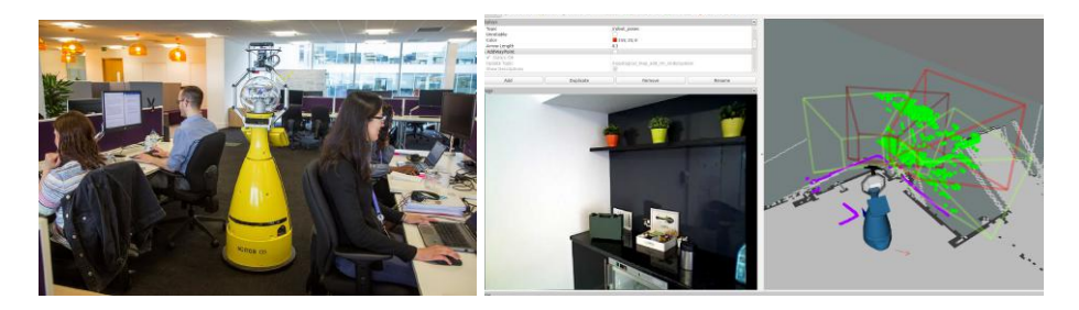 Left: The STRANDS autonomous mobile robot in a real-world office environment. Right: View planning for object detection in the office environment.