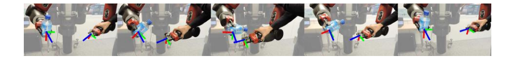Snapshots of the Baxter robot performing a water pouring task that is learnt from demonstration. The probabilistic encoding captures the correlation among task variables and produces a controller that generalizes the behaviour.