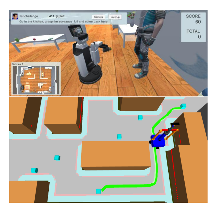 Fig. 3: Justina and HSR simulation environments for algorithm testing.