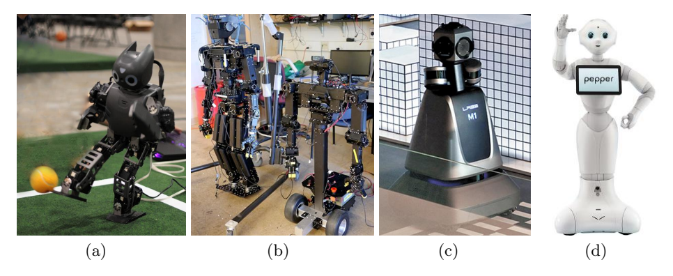 Fig. 1. Robotic platforms we have previously worked on. (a) Robotis DARwIn-OP (b) Robotis THOR-OP (c) Naver Labs M1 (d) Softbank Pepper