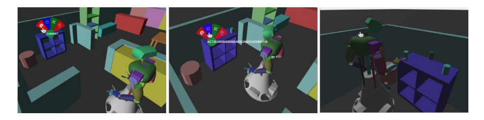 Fig. 7. Illustration of the 3D scene of the WebGUI. Users can interact with use of the menu that appears when long pressing an object in the scene. On the left figure, the user commands the robot to inspect the selected object, which is the 'cabinet'. When the robot has inspected the 'cabinet', it has found entities on top of it. In the middle figure a grasp command is given to the robot to pick up an object from the cabinet. The last figure show the robot executing that action.