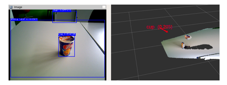 A successful GQCNN grasp plan. Arrow and number on the right indicate grasp pose and grasp quality returned from the GQCNN planner