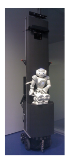 (Left) Our previous prototype at the Iran Open 2011 competitions, a combination of a Nao and a Pioneer robot. (Middle) Our current prototype design with additional omni wheels for higher load capacity. (Right) Our current prototype as used in the Dutch Open 2012 competitions.
