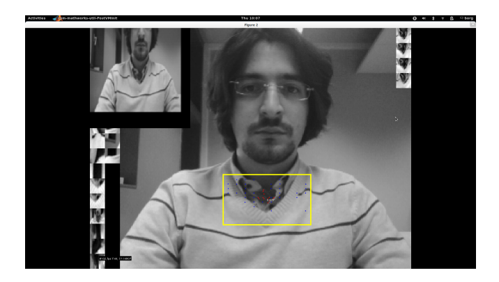 Sample image of the OpenTLD tracking system. The initial bounding box was automatically selected by depth processing. The system tracks and learns templates of the desired unknown object and the templates of the undesired locations.