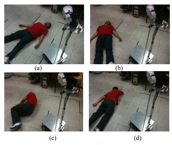 Algorithm Identification of People on the Floor Due to a Fall. In (a) the robot locates the face by rotating the image depending on the profile reported by the laser and the characteristics of the person, determines the orientation and assists the person, in (b) is practically the same process as in (a) considering another angle of the camera, in (c) the robot cannot find the person's face, but finds the characteristics of the person, and also by the profile of the laser determines the orientation of the person and assists; in (d ) as in (c) but the person is upside down, the robot always tries to have a dialogue with the person to determine the degree of assistance.