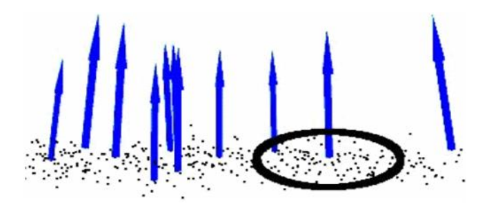 Surface normal (blue arrows) estimated from a set of points. Black circle shows the defined radius of sampled point cloud dataset used for nearest-neighbor estimation.
