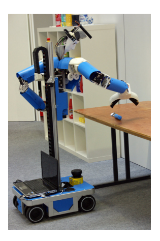 Left: Cognitive service robot Cosero grasps a spoon. Right: Dynamaid manipulates the fridge.