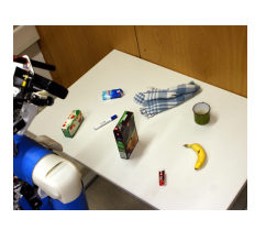 From left to right: Table-top scene; segmentation into objects; Cosero approaching a watering can during the RoboCup 2012 final in Mexico City; a 3D multi-resolution surfel map of the watering can is aligned with RGB-D images in real-time to estimate the relative pose of the object.