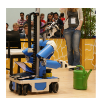 From left to right: Table-top scene; segmentation into objects; Cosero approaching a watering can during the RoboCup 2012 final in Mexico City; a 3D multi-resolution surfel map of the watering can is aligned with RGB-D images in real-time to estimate the relative pose of the object.