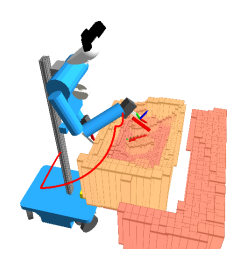 Motion planning in a bin-picking scenario. We extend grasp planning on object segments with motion planning (reaching trajectory in red, pregrasp pose as larger coordinate frame) to grasp objects from a bin. For collision avoidance, we represent the scene in a multi-resolution height map. We decrease the resolution in the map with the distance to the object. This reduces planning time and models safety margins that increase with distance to the object.