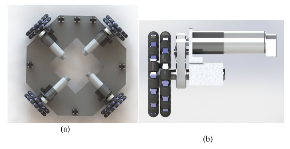 Fig. 2. Render of mobile base (a) and rendering of wheel mounting assembly (b)