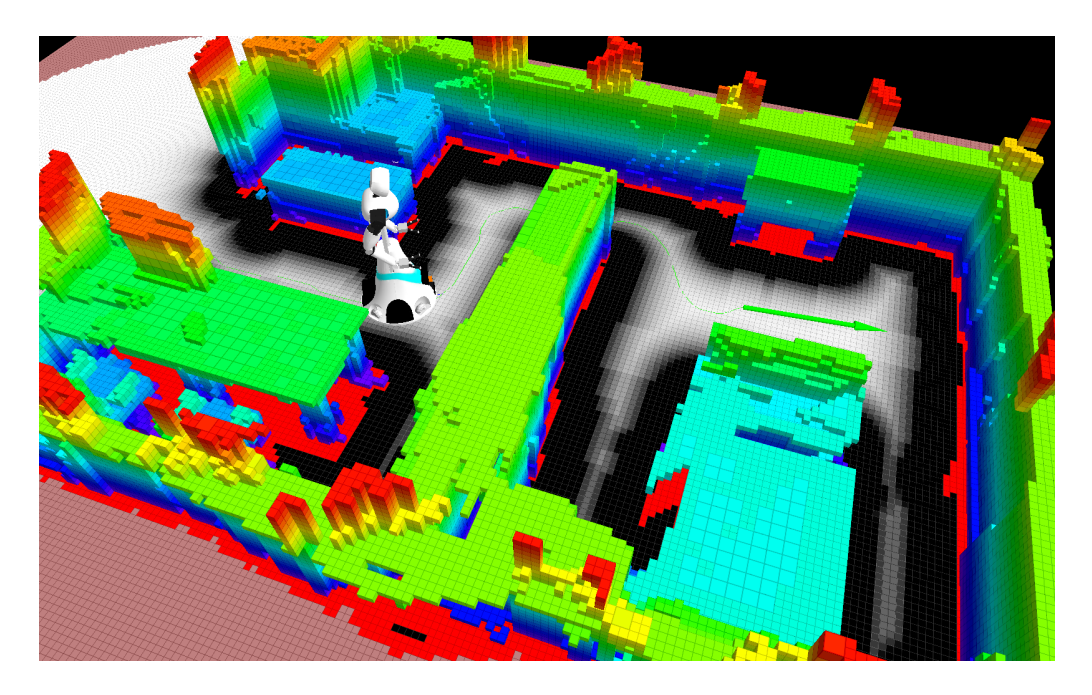Fig. 3. 3D environment representation using an octomap. Each column of the 3D map is projected down to form a 2D costmap for navigation. Light red cells indicate completely unknown space. Bright red cells represent an occupied column in the 3D map and are assigned a lethal cost. Black cells represent inflated obstacle cells also having a lethal cost. From black to white cells (free space) the cost decays towards zero.