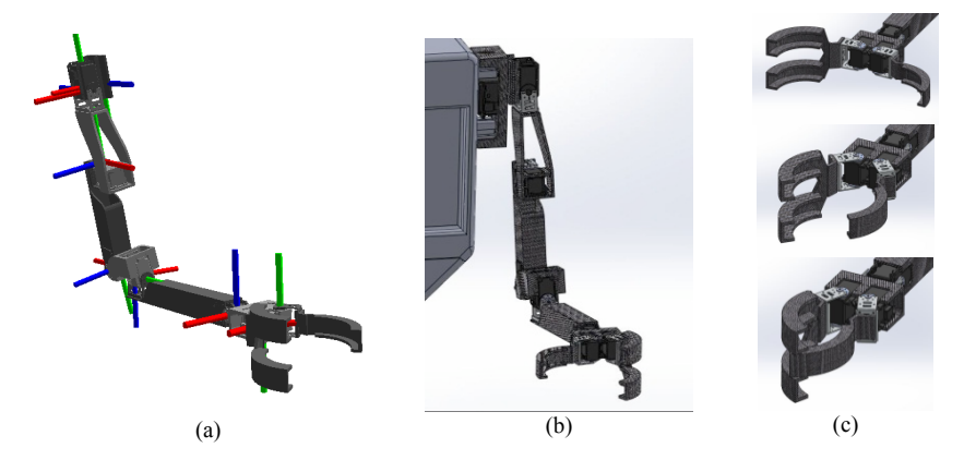 Bender´s new arm. (a) Shows the right arm with the DOFs and the respective axes for every joint between the parts of the arm. (b) Left arm in a manipulation pose. (c) Different views of the right hand gripper in a manipulate action.