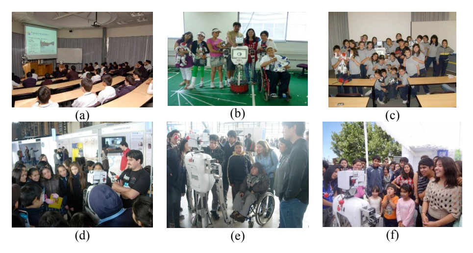 (a)-(c) Bender giving talks to schoolchildren in an auditorium, a classroom, and a laboratory. (d)-(f) Bender participating in trade fairs and events. (d)-(e) INAPI Trade Fair (Santiago, Chile, July 2009), (f) Salamanca City Exposition (Chile, Nov. 2011)
