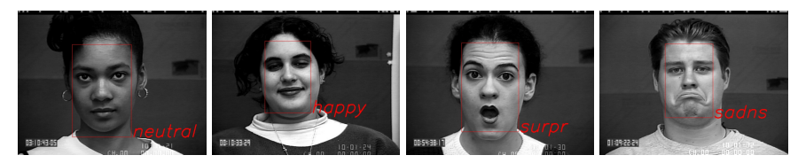 Four example images correctly classified by the system. From the Cohn-Kanade AU-Coded Facial Expression Database [6], with permission.