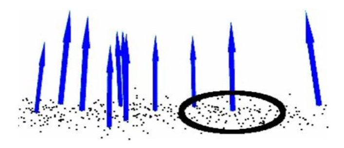 Surface normal (blue arrows) estimated from a set of points. Black circle shows the defined radius of sampled point cloud dataset used for nearest-neighbor estimation.