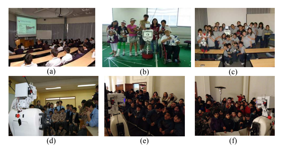 (a)-(c) Bender giving talks to schoolchildren in an auditorium, a classroom, and a laboratory. (d)-(f) Bender participating in trade fairs and events. (d) Colegio Verbo Divino (Santiago, Chile, 2013), (e-f) Osorno City Exposition (Osorno, Chile, 2013)