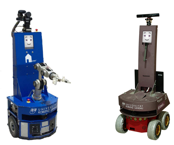 Setup of our 2 robots. The current setup of Lisa is shown on the left. With this setup, Lisa is participating in the RoboCup since 2014 and is now our main robot. An older version of Lisa is shown on the right. This setup is the auxiliary robot of our team.