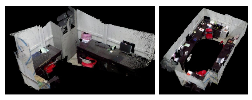 3D map of two indoor environments created online by our approach.