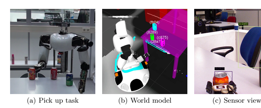 The robot picks up the object with use of the information available in the newly designed world model