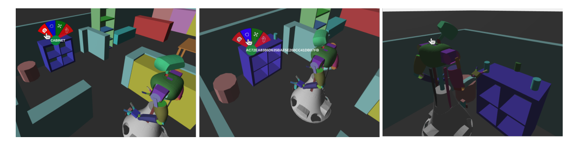 Fig. 3: Illustration of the 3D scene of the WebGUI. Users can interact with use of the menu that appears when long pressing an object in the scene. On the left figure, the user commands the robot to inspect the selected object, which is the 'cabinet'. When the robot has inspected the 'cabinet', it has found entities on top of it. In the middle figure a grasp command is given to the robot to pick up an object from the cabinet. The last figure show the robot executing that action.