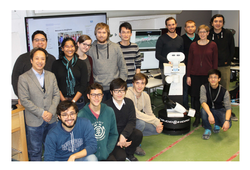 Members of the team Alle@Home. From left to right and from top to bottom: Prof. Gordon Cheng, Dr. Emmanuel Dean, Dr. Karinne Ramirez, Emilia Lozinska, Gasper Simonic, Qiuhai Guo, Dr. Pablo Lanillos, Ilya Dianov, Wibke Borngesser, Rogelio Guadarrama, German Diez Valencia, Ethan Rosentreter, Xiao Wang, Patrick Grzywok, Jianxiang Feng.