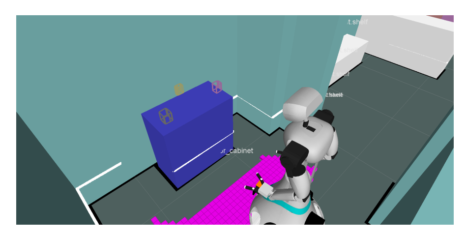 A view of the world model created with ED. The figure show the occupation grid as well as (unknown) objects recognized on top of the cabinet.