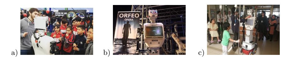 Fig. 2. a) Bender at science exposition. b) Bender at the opera. c) Bender at children's hospital.