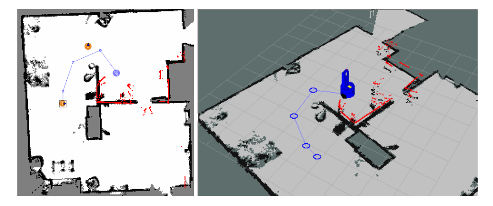 2D and 3D view of a map and a planned path (blue line). Red dots indicate the current laser scan, while orange points in the 2D map stand for navigation points.