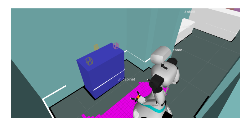 A view of the world model created with ED. The figure shows the occupation grid as well as (unknown) objects recognized on top of the cabinet.
