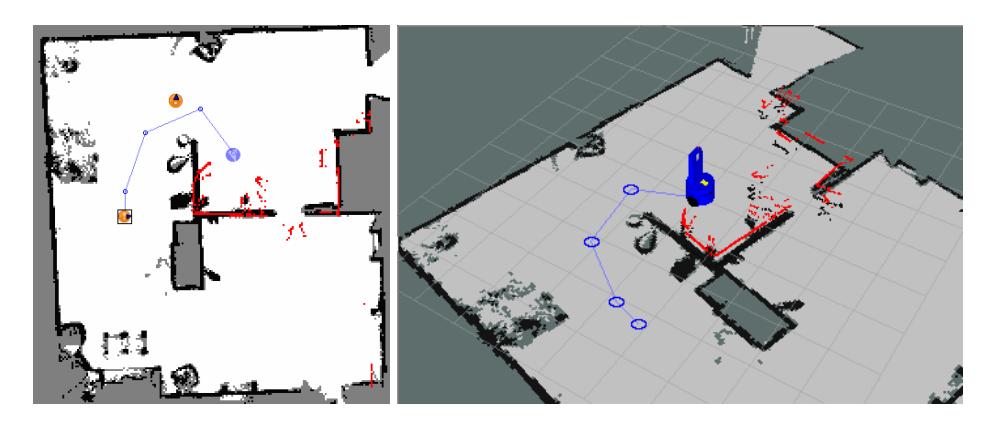 2D and 3D view of a map and a planned path (blue line). Red dots indicate the current laser scan, while orange points in the 2D map stand for navigation points.