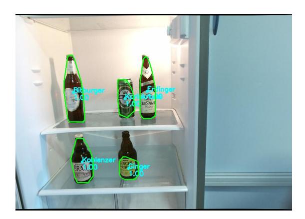 Prediction result of our home net pixel wise semantic segmentation approach. In this case the net is classifying different kinds of beers.