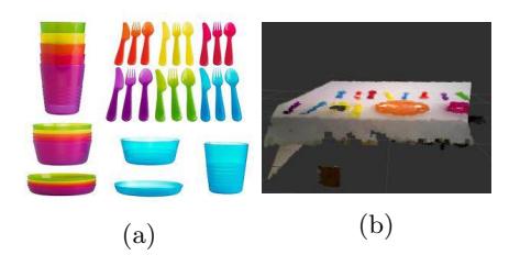 Fig. 3: a) Tableware and cutlery objects used in the RoboCup@Home's P&G Challenge and b) table setup 3D view from an RGBD camera. It can be observed that the reconstructed scene presents some errors due to sensor noise, varying illumination conditions and high object reflectance.
