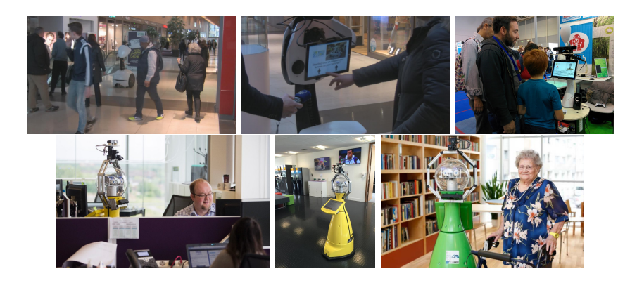 Fig. 1. Top row: COACHES and DIAGO robots. Bottom row: STRANDS robots.
