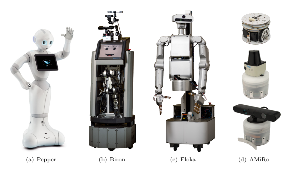 Fig. 1. Robotic platforms of ToBI. Pepper is 120cm tall, the overall height of Biron is ≈ 140cm. The Floka platform has an adjustable height between ≈ 160cm and ≈ 200cm. The AMiRo has a diameter of 10cm.