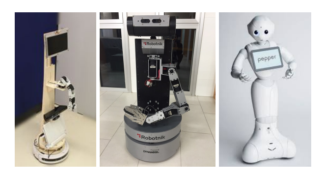 Platforms used at @Home competitions: MYRABot (left), RB1 (center) and Pepper (right).