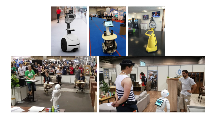 Top row: COACHES, DIAGO and STRANDS robots. Bottom row: Our Pepper robot performing during the last RoboCup2017 in Nagoya.