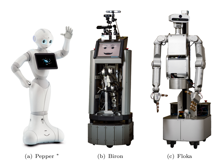 Fig. 1. Robotic platforms of ToBI. Pepper is 120cm tall, the overall height of Biron is ≈ 140cm. The Floka platform has an adjustable height between ≈ 160cm and ≈ 200cm.