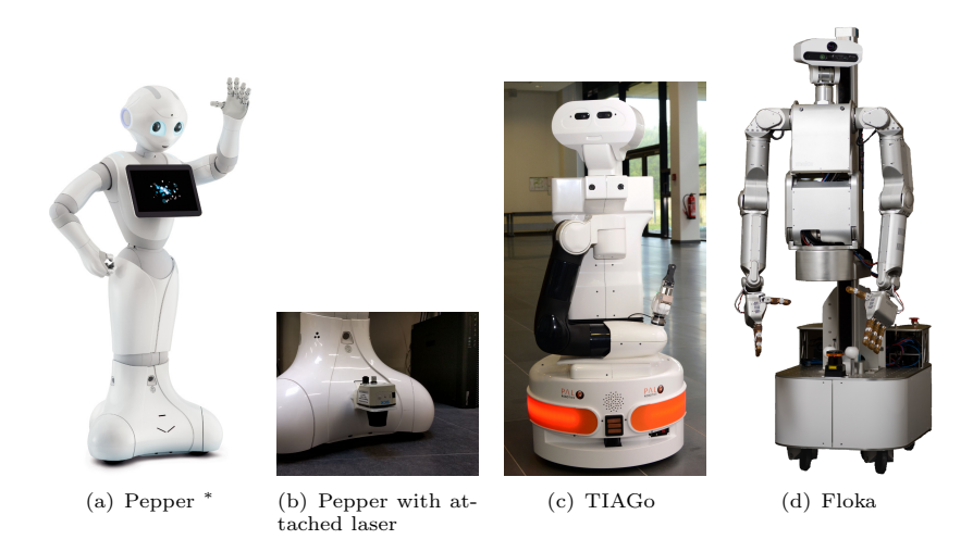 Fig. 1. Robotic platforms of ToBI. Pepper is 120cm tall, the overall height of TIAGo is adjustable ≈ 110cm − 145cm as well as the Floka platform ≈ 160cm − 200cm.
