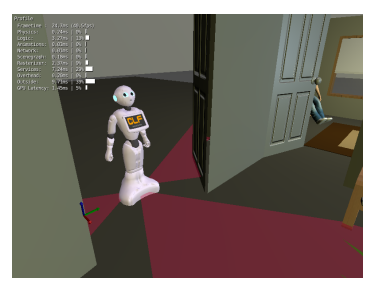 Fig. 3. Simulation of RoboCup@Home tasks for Pepper in MORSE. (a) MORSE simulation for Pepper (b) Modeling HRI in MORSE
