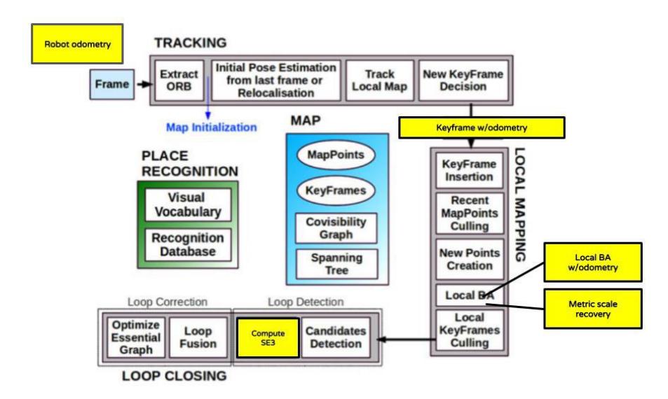 ORB-SLAM modified software diagram. The yellow blocks correspond to the modifications. First, odometry information is added as an input together with the frames. Second, all the Keyframes have an odometry measurement associated.