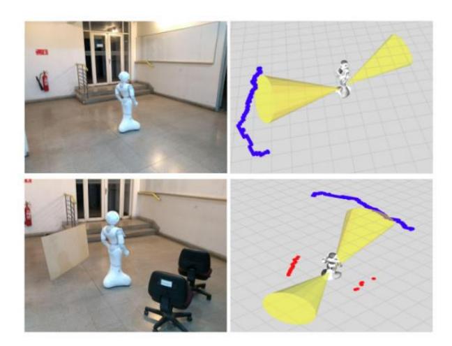 Pepper's sensors visualization. Blue corresponds to a simulated Laser Scan from depth images. The sonars are represented by the yellow cones. The LIDAR (red) does not register measurements in the first scenario because the walls are out of range. In the second scenario, the readings for a wall and a pair of chairs are very similar.