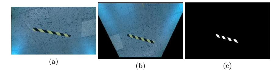 Fig. 5: Barrier Tape Detection: Camera image of the barrier tape (a) Birdview (b) Filter for yellow RGB and HSV values and HU-Moments (c)