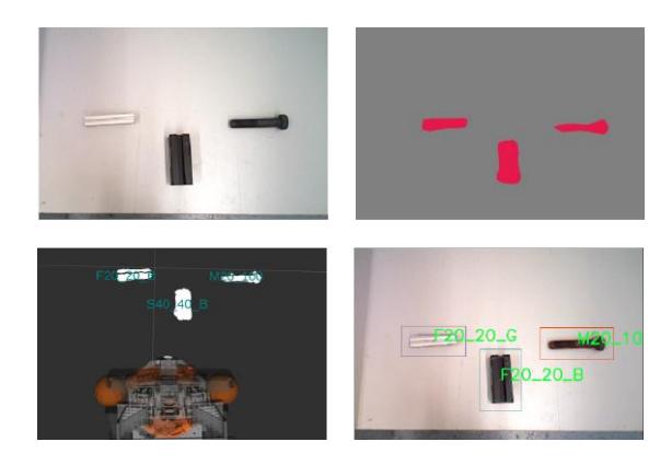 The rgb image from the camera (top left) is fed into the semantic segmentation network and the output (top right) is fed into MobileNet classification network to predict the labels (bottom right). The bottom left image shows the predicted label from 3D object recognition with point clouds.