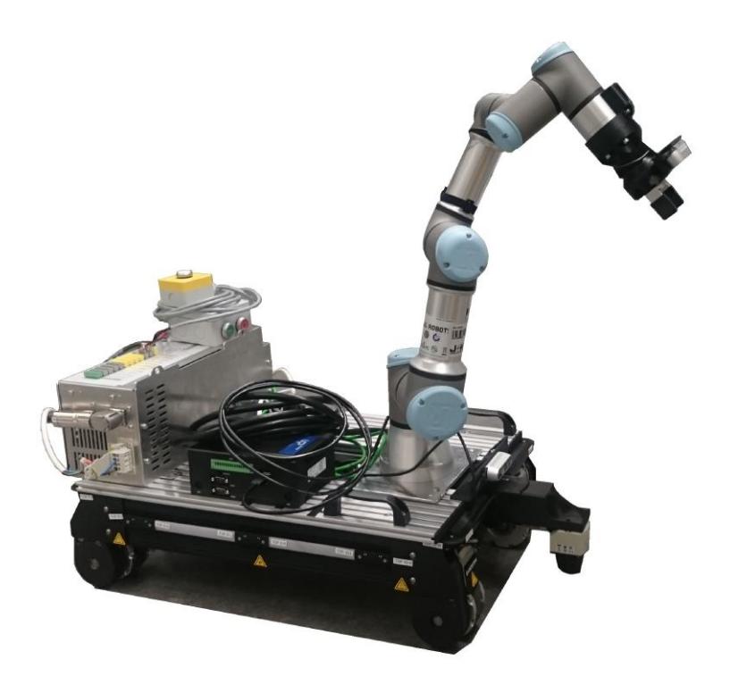Fig. 1. The current robot with the Evocortex as base, the UR3e, and the Hand-e