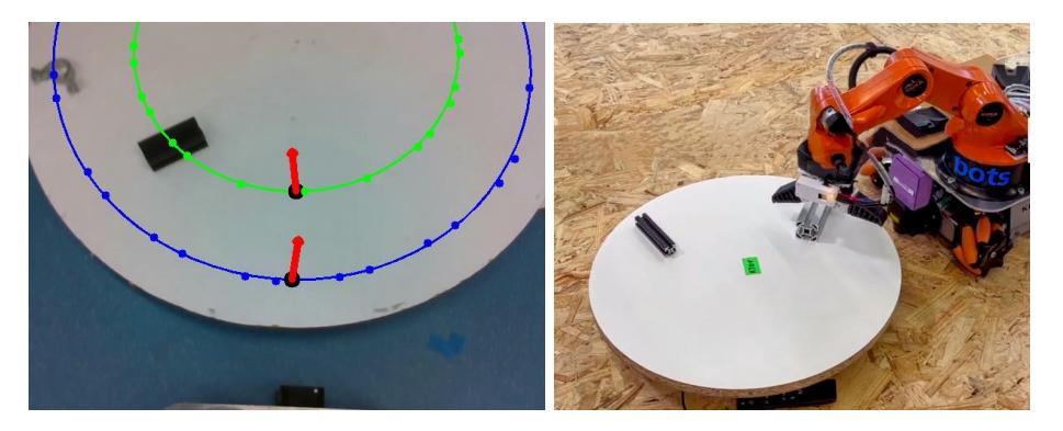 Left: Circles fit to detected object poses with anticipated grasp location (black dot) and orientation (red arrow) in the image frame. Right: Robot picking an object during the competition.
