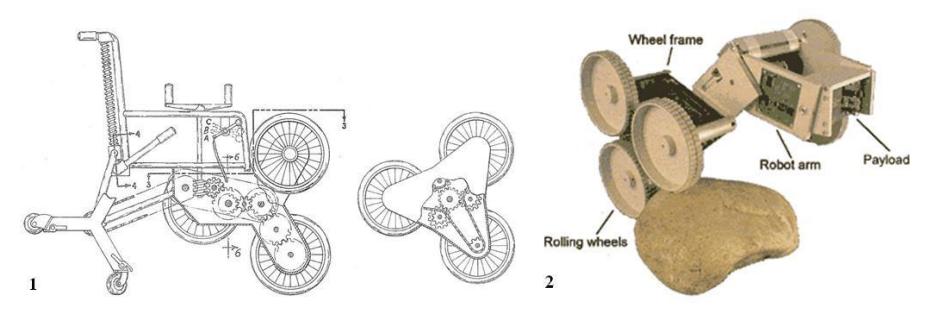 Fig. 11. (1) Flory's stair climbing vehicle, (2) Space Cat